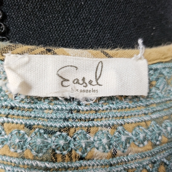 Easel Embroidered Floral & Plaid Oversized Top 100% Cotton Brown Teal Size S - Picture 7 of 8